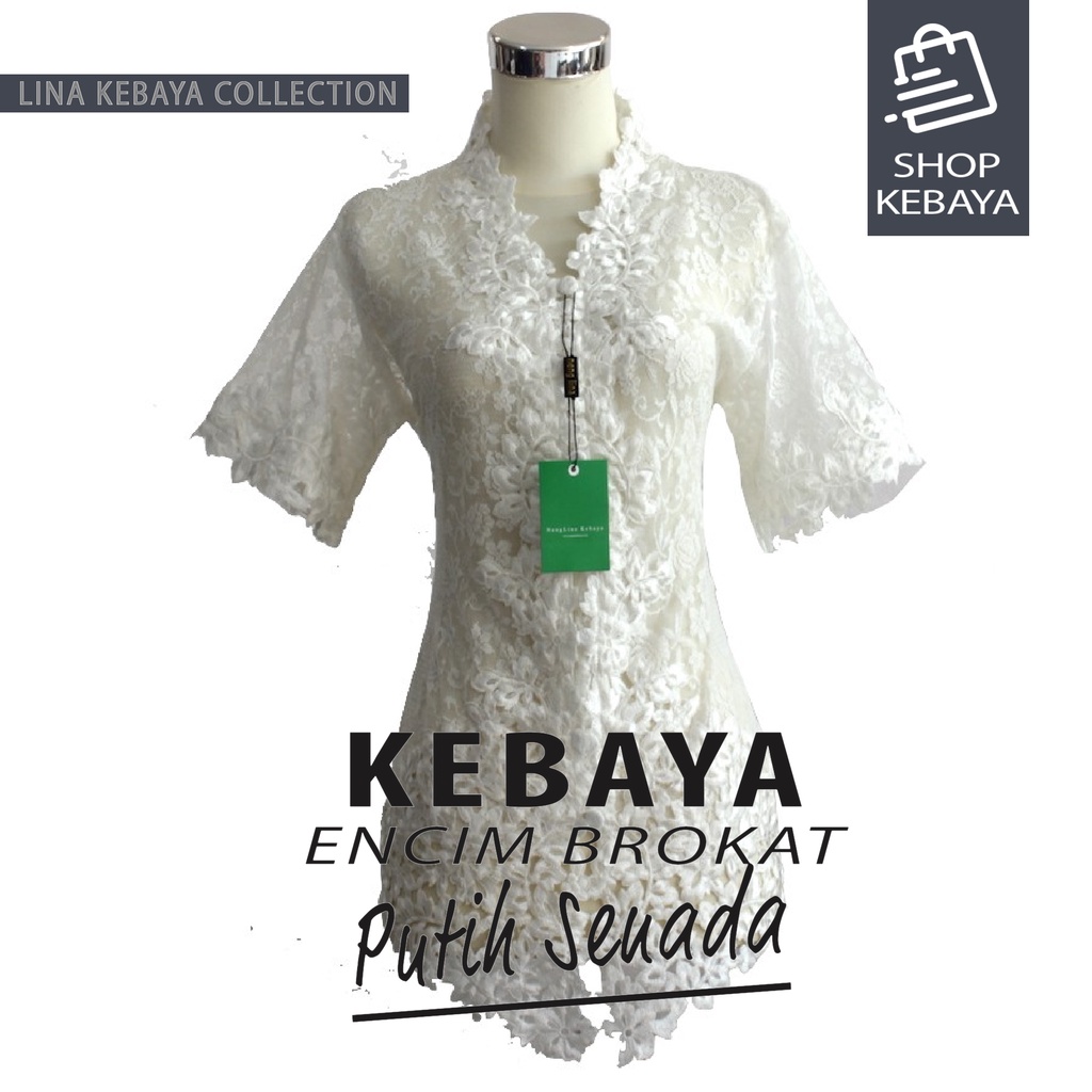 Kebaya Encim Kartini Brokat Modern Putih Senada Lengan Pendek Bigsize Jumbo