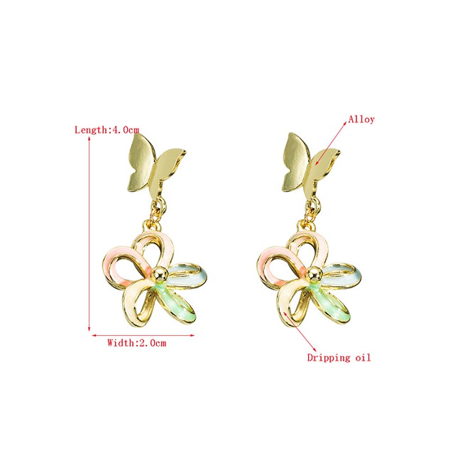 LRC Anting Tusuk Fashion Golden Sunflower Butterfly Oil Drop Alloy Earrings K69829