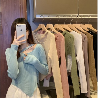 FX SHOP GEYNA KNITWEAR KOREA Rajut Wanita Crop Top Lengan Panjang Sweater Crop