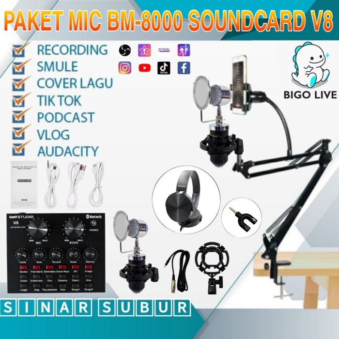 PAKET KOMPLIT MIC BM8000 SOUNDCARD MIXER V8 STAND MIC PHONE STAND