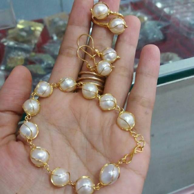Set mutiara tawar perak lapis emas