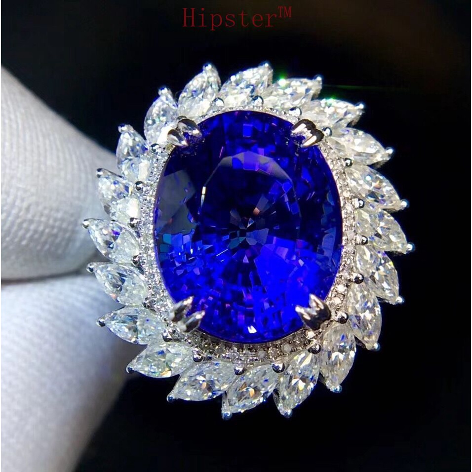 Natural Blue Tanzanite Open Ring 18K White Gold Jewelry