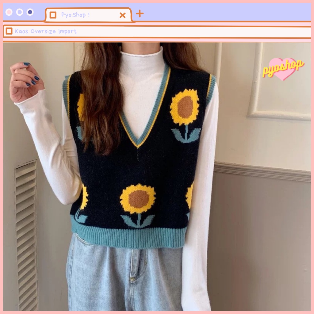 SUNNY KNIT VEST Rajut Bunga Matahari Lembut Wanita Outer