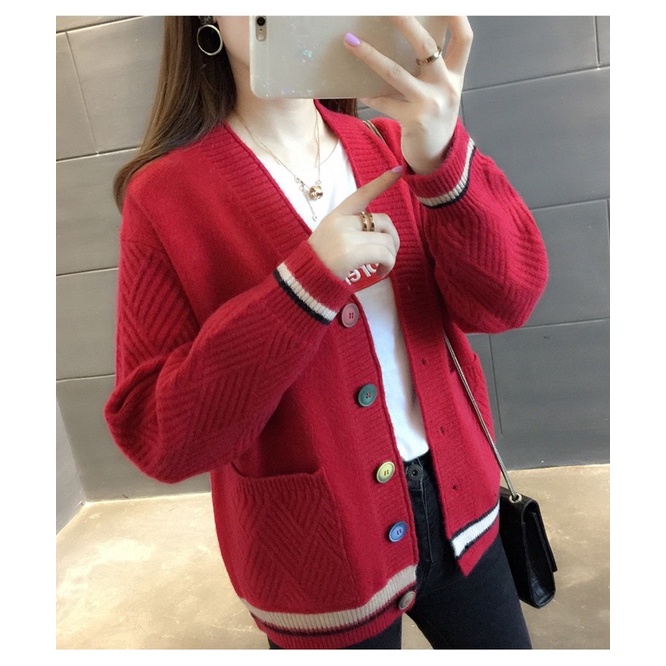 V Neck Cardigan with Colorful Buttons Korean Style Import Premium