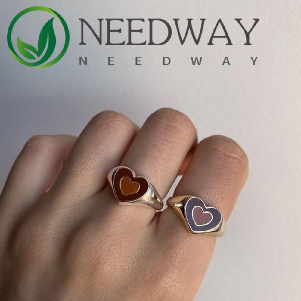 Needway  Colorful Heart Rings Simple Finger Rings Open Ring Dripping Oil Creative Korean Temperament Vintage Double Layer Love Fashion Jewelry