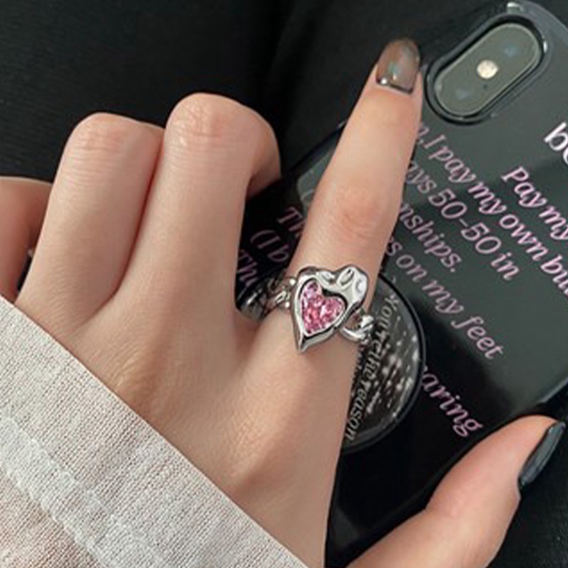 Cincin Model Terbuka Desain Hati Asimetris Hias Kristalzircon Warna Pink Untuk Wanita