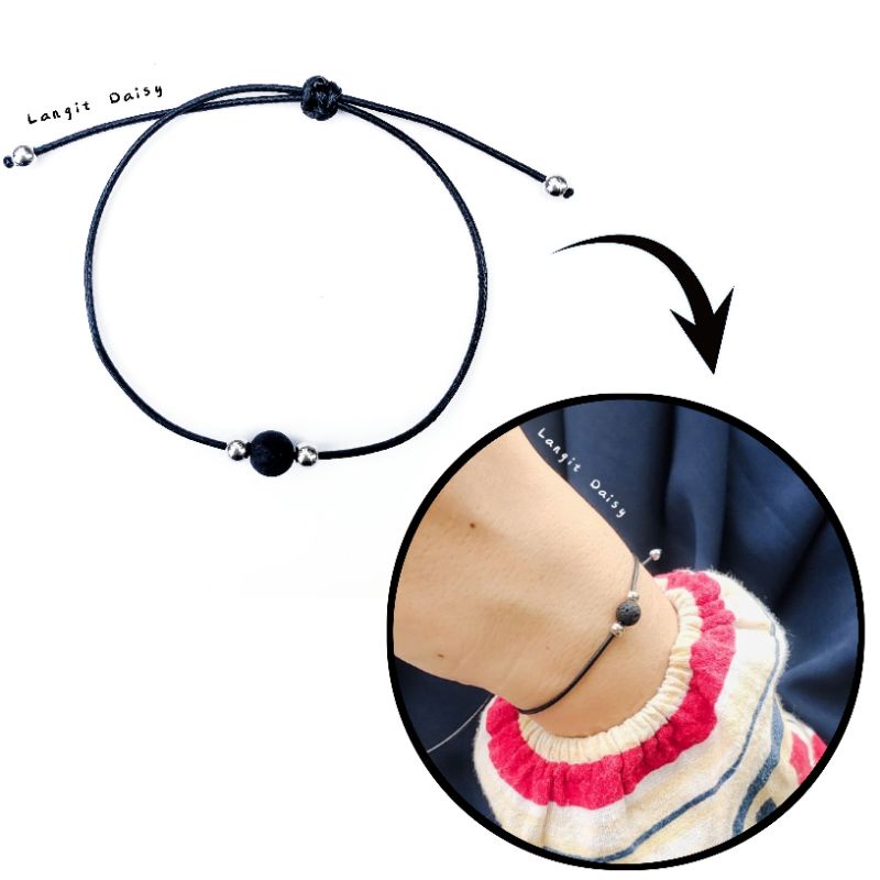 Gelang Batu Lava Tali Hitam Simple Tipis Minimalis | Waterproof Anti air | Adjustable | Gelang Beads Super simpel  Tipis Minimalist Couple Pasangan Sahabat | Cowok Cewek | Hitam Tipis | Minimalis Vintage Etnik Modern | Murah Unik