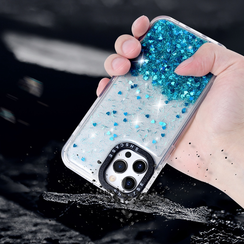 Case Glitter Transparan Shockproof Motif Hati Untuk iphone 13 12 11 Pro Max X XR XS Max 6 7 8 Plus