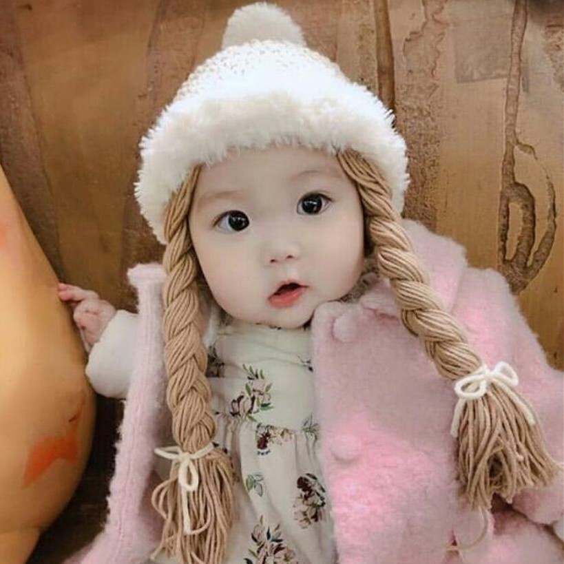 Topi Rajut Bayi Perempuan Rambut Kepang Palsu Bayi Perempuan Import Korea Baby Hat Model Snow