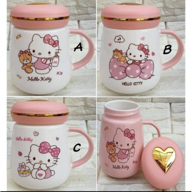 Gelas tutup keramik kitty  , gelas keramik love , gelas love