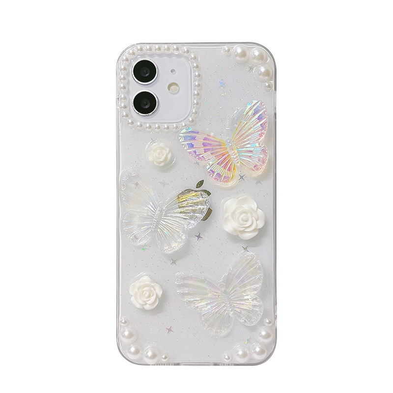 IPHONE Cute Butterfly Pearl Drop Glue Transparan Case Untuk Iphone14 7/8 SE 2020 7P/8Plus X XS XR 11 12 13 Mini Pro Max Casing Soft TPU Pelindung Kamera Cover Shell At002