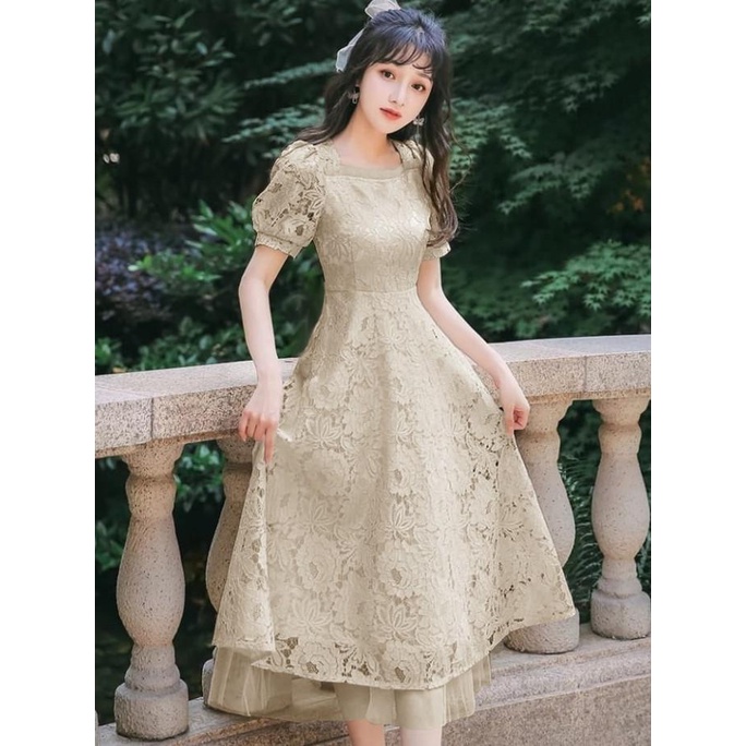 A.Anadara Dress Brokat Carol Gaun Midi Pesta Kondangan Imlek Natal Mewah Elegan