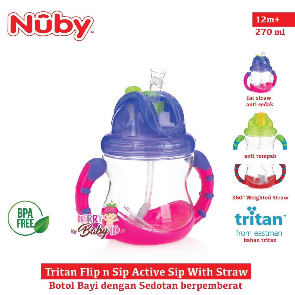 Nuby Tritan Flip n Sip Active Sip With Straw Botol Sedotan Bayi Anak BPA Free Berry Mart