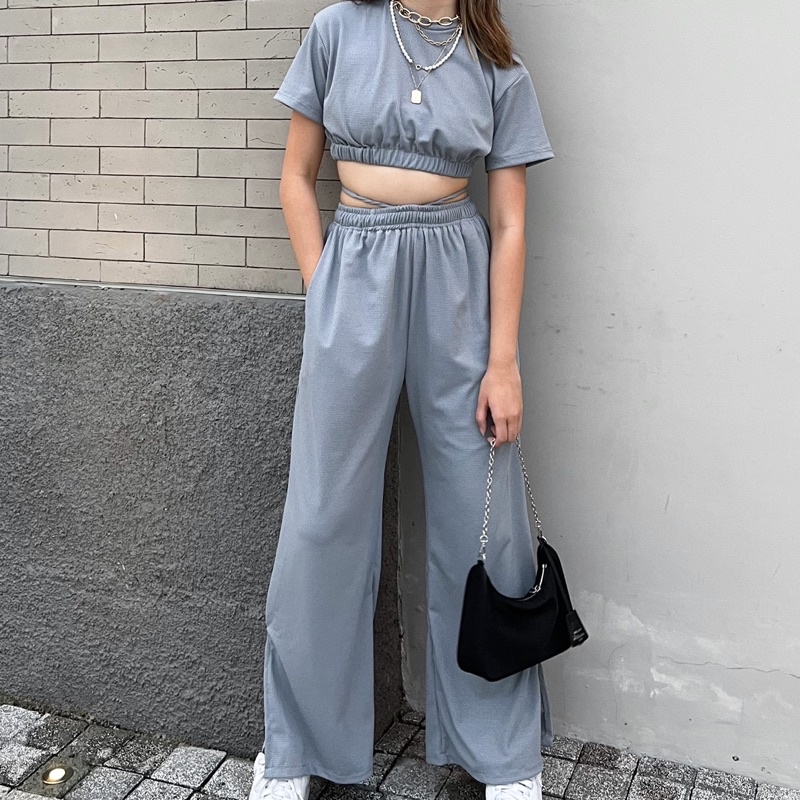 waffle knit set/cullote/crop top