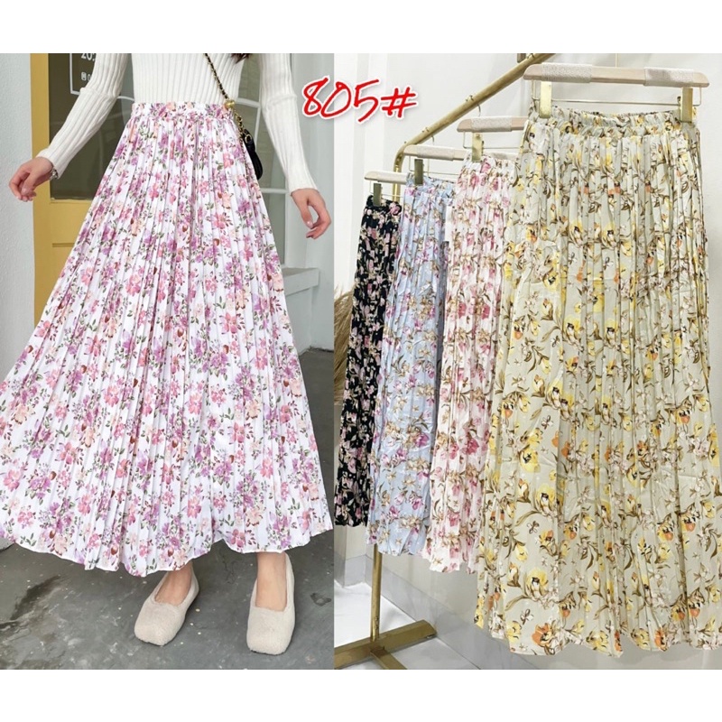 Korean Chiffon Flower Pleated Long Skirt Import Premium ( Rok Sifon Korea Prisket Panjang )