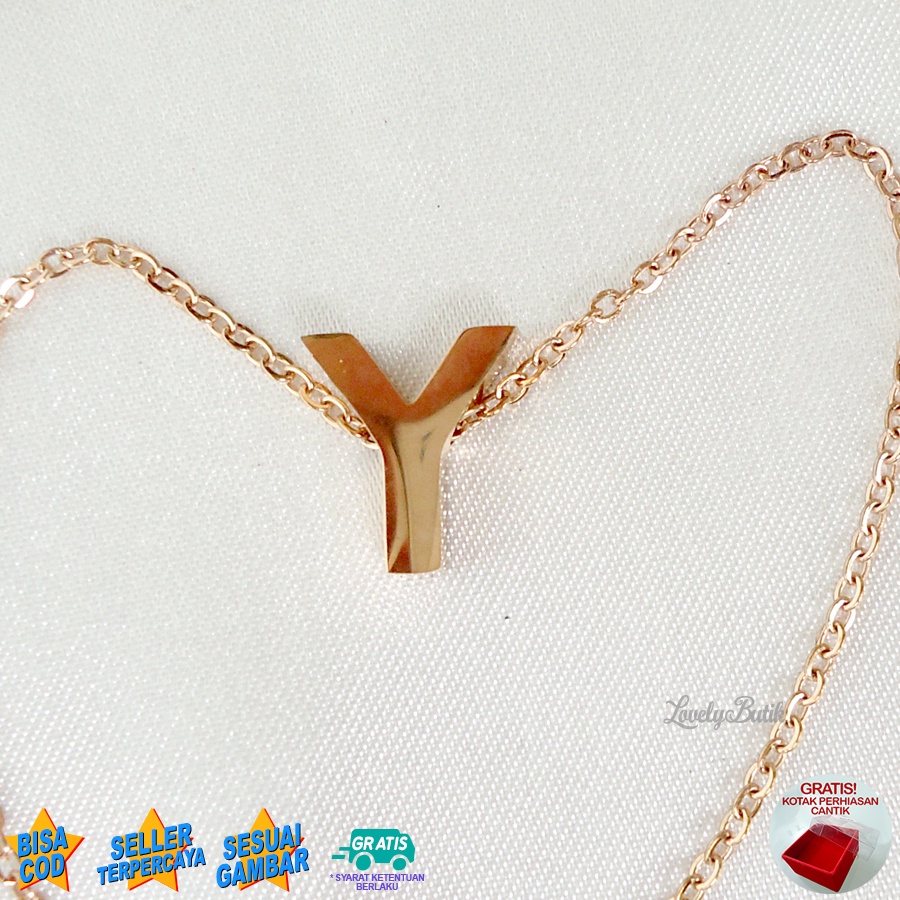 Lovelybutik Kalung Titanium Inisial Abjad Nagita 4ccent Kalung Alfabet Huruf Titanium  M,R,T,W,Y Warna Rosegold Bonus Kotak Perhiasan