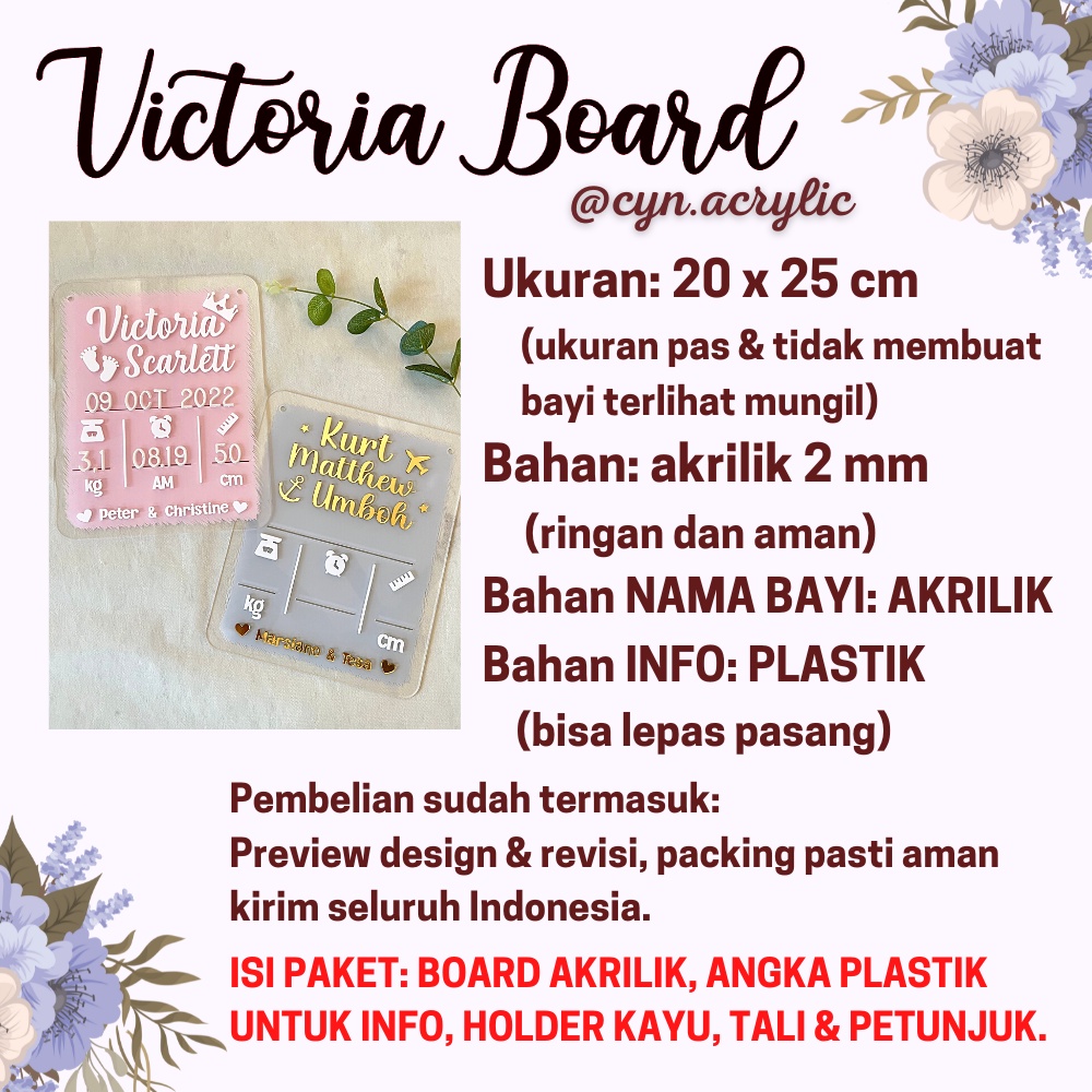 VICTORIA Hospital Board Akrilik Acrylic Announcement Biodata Baby Bayi Newborn Kado Mewah Bagus