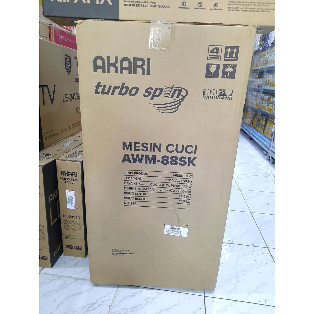 AKARI Mesin Cuci 2 Tabung 8 Kg Tempered Glass Kaca AWM-88SK Turbo Spin