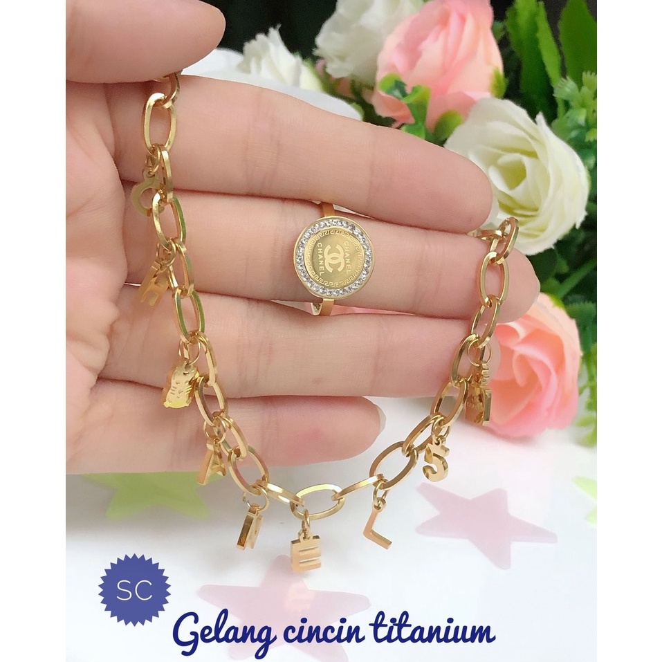 (MEI) TERMURAH Set Perhiasan TITANIUM Anti Karat Gelang Rantai Cincin Chanel Gold Realpict Modis Xup