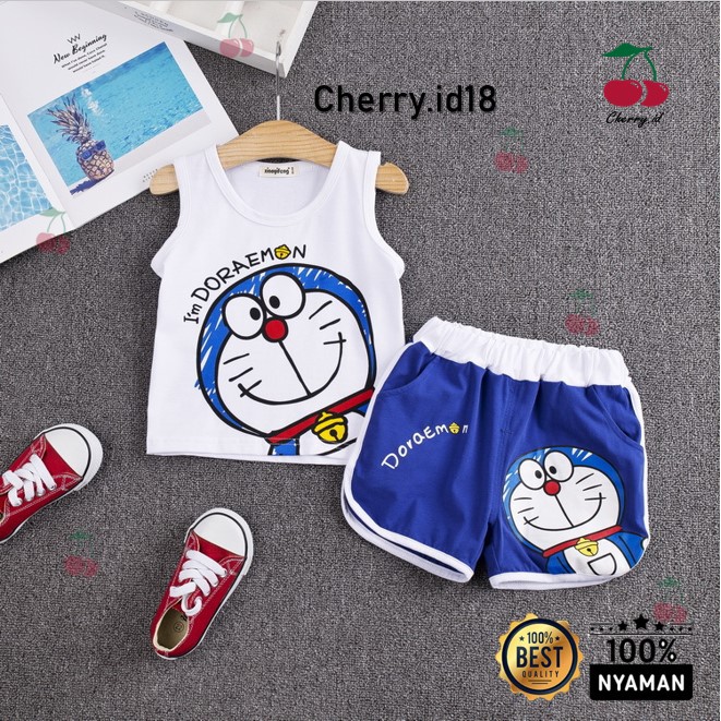 Cherry COD Setelan Baju Oblong Anak / Setelan Baju Anak Tanpa Lengan / Setelan Bayi - Motif Doraemon SO02