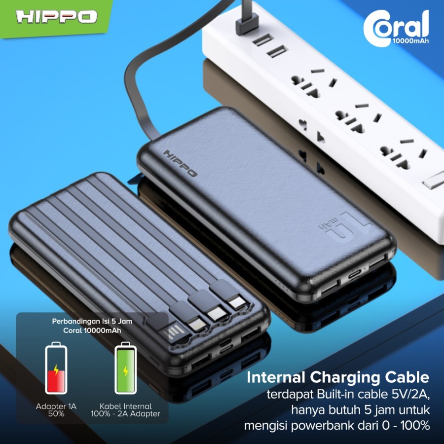 Hippo PowerBank Coral 10000mAh 5 Output Smart Detect Charging Smart Detect Charging Power Bank SDC Type C Iphone Micro