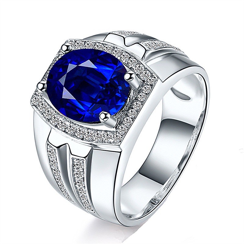 Cincin Pria Akik Safir Biru Ring Warna Perak Zircon Blue Saphire