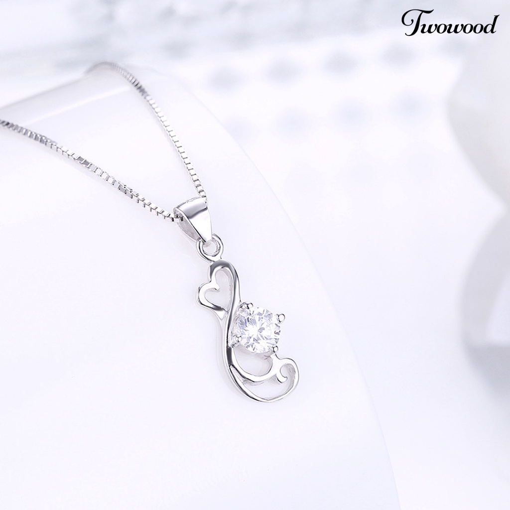 Twowood SILVERHOO Women Necklace Heart Shape Cubic Zirconia 925 Silver Hollow Out Pendant Long Lasting Clavicle Chain for Wedding