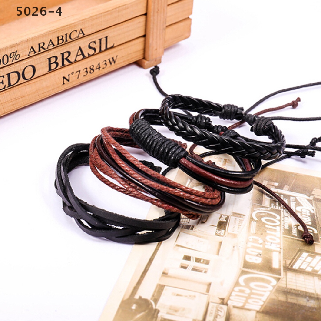 5026-4 4PCS Gelang Tangan Strap Kulit Kepang Handmade Untuk Pria