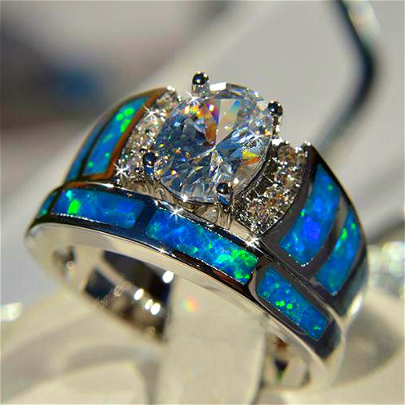 Cincin Kawin/Tunangan Hias Zircon Warna Biru Ukuran 5-12 Untuk Wanita