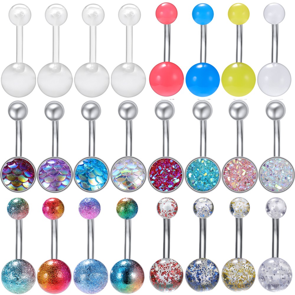 4pcs / Lot Cincin Tindik Perut Bahan Stainless Steel Akrilik 14g Aneka Warna