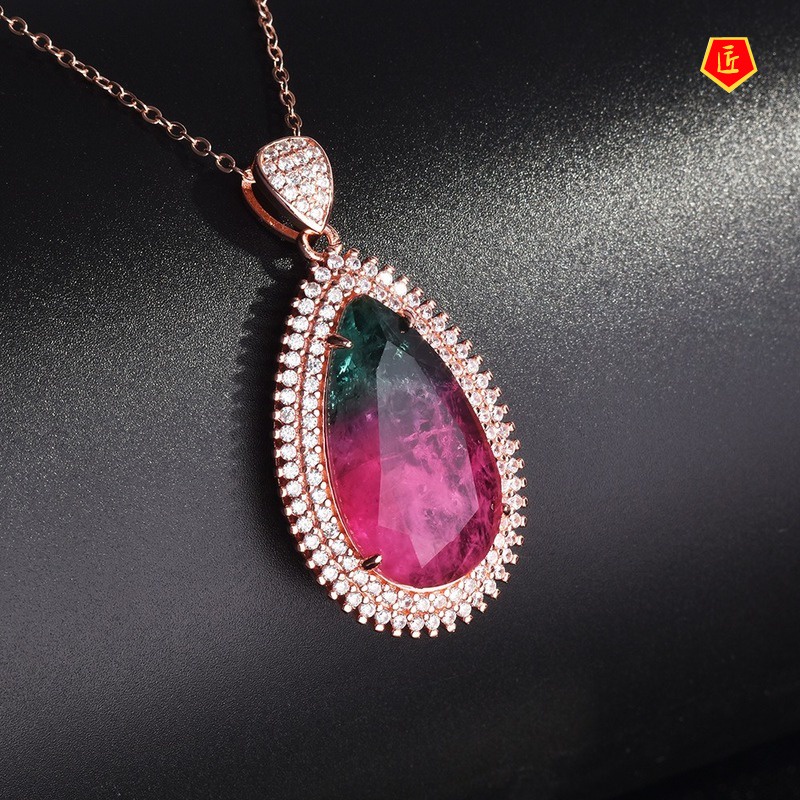 [Ready Stock]Watermelon Tourmaline Pendant 18K Rose Gold Water Drop Colored Gems Necklace