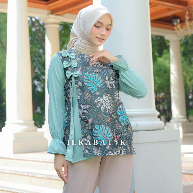 ILKABATIK Veena Blouse Batik Motif Daun Hijau Batik Wanita Modern Cantik