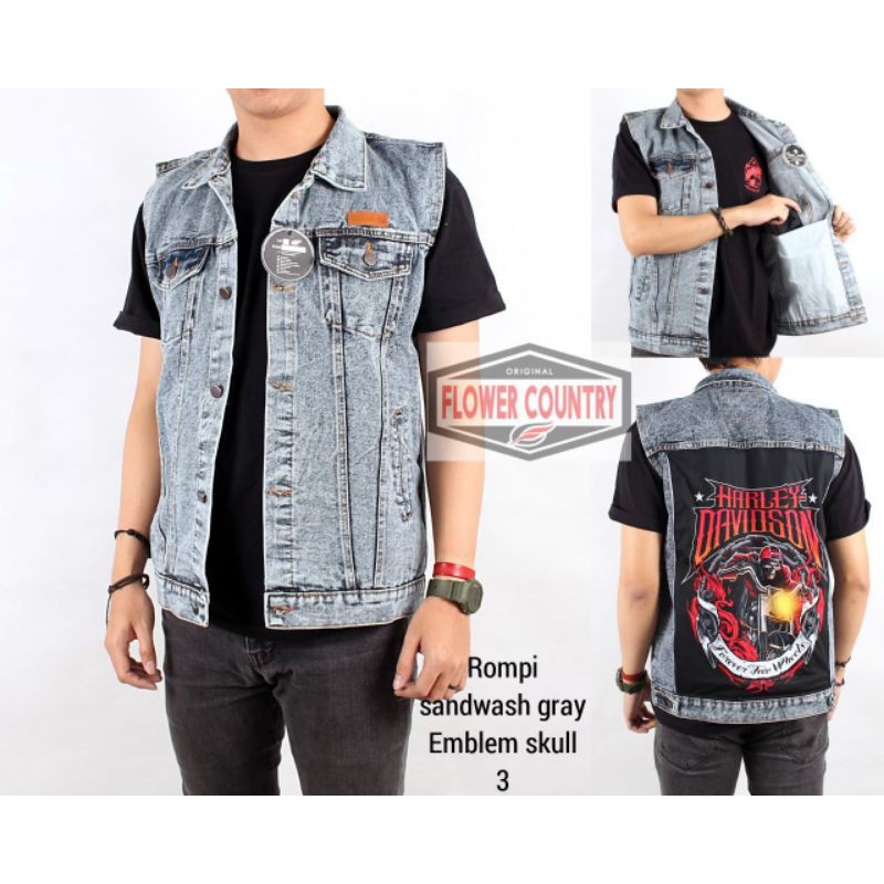 Jaket Rompi Jeans Sandwash Emblem - Jaket Motor Club - Jeans Jacket