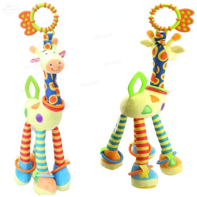 Mainan Rattle Teether Boneka Jerapah Bahan Katun Plush Lembut Untuk Bayi