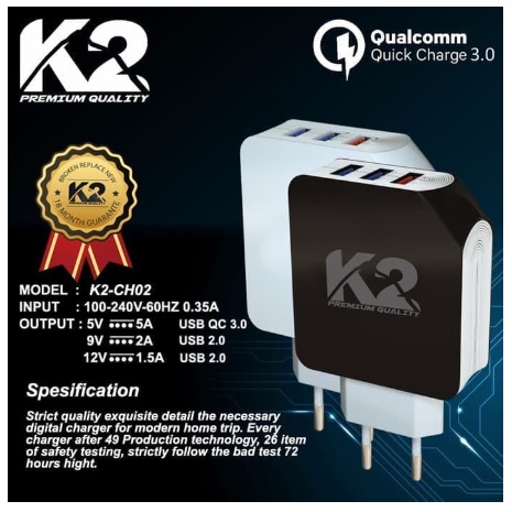 3 PORT USB Charger K2 Premium Quality K2-CH02 QUALCOMM 3.0 FAST