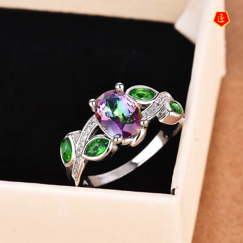 [Ready Stock]Inlaid Colorful Topaz Silver Ring Luxury Special-Interest Design