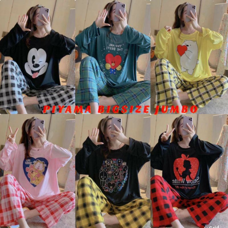 PIYAMA PP WANITA IMPORT SPANDEX|BIGSIZE|JUMBO/SET OVERSIZE/BAJU TIDUR lengan panjang-2