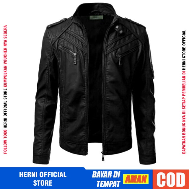 Jaket Pria Kulit Sintetis PU Leather Original Motor Touring Racing Vintage Cowok Keren Warna Hitam