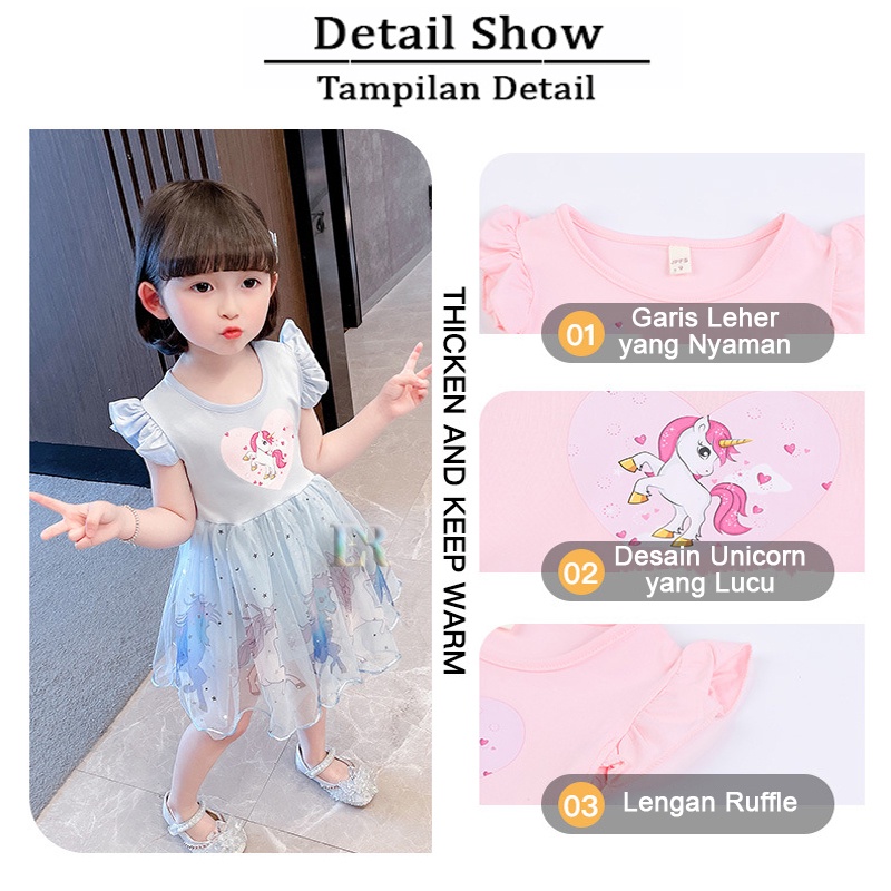 LNR Shop Free Bando Gaun Dress Tutu Anak Perempuan Bayi Balita Motif Unicorn Kuda Poni Biru Pink Cantik Import Gaun Dress Pesta Ulang Tahun Lengan Pendek Pakaian Anak Gadis Cewek