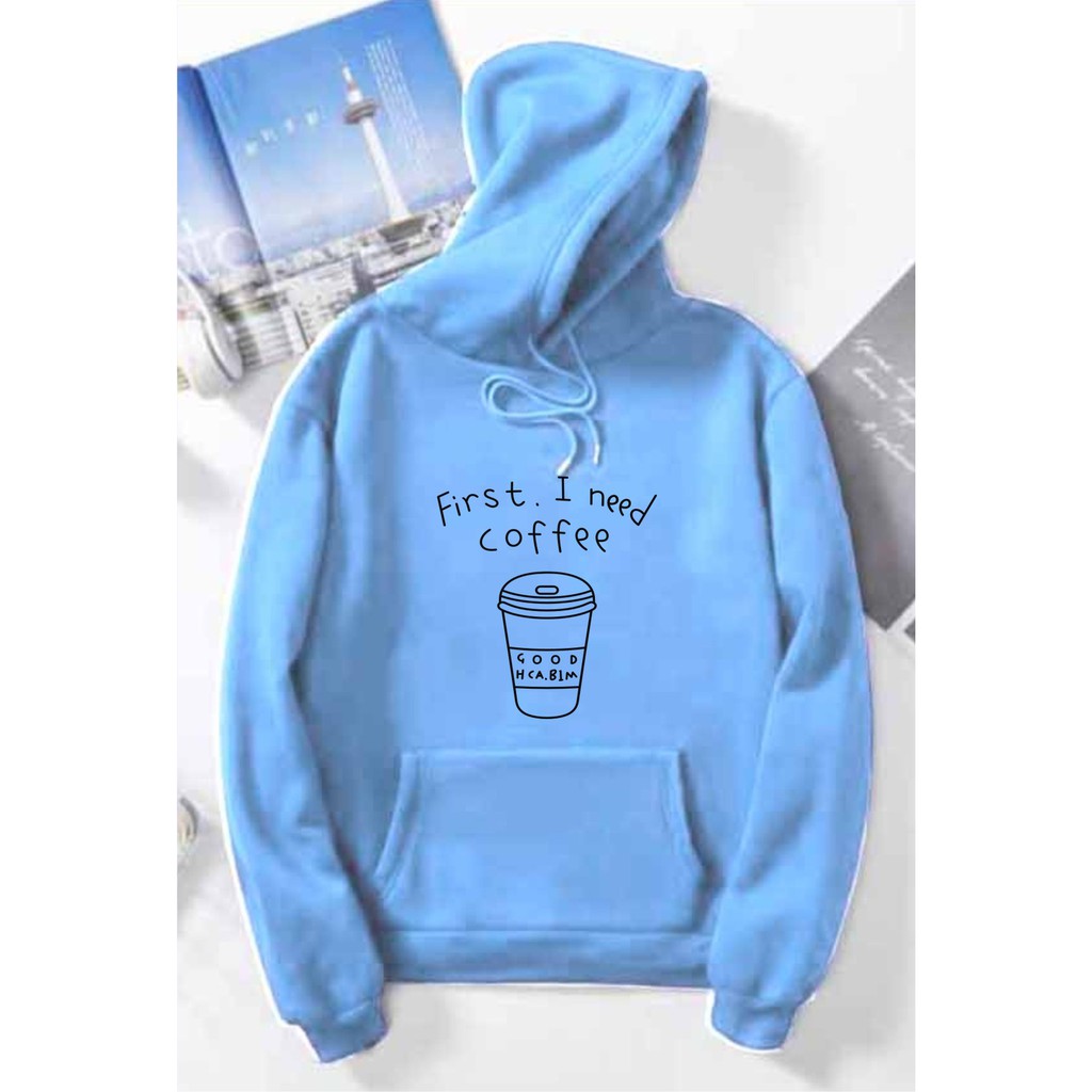 FenishaStore Sweater Hoodie Kantong Depan First I Need Cofee Bisa Bayar Ditempat COD