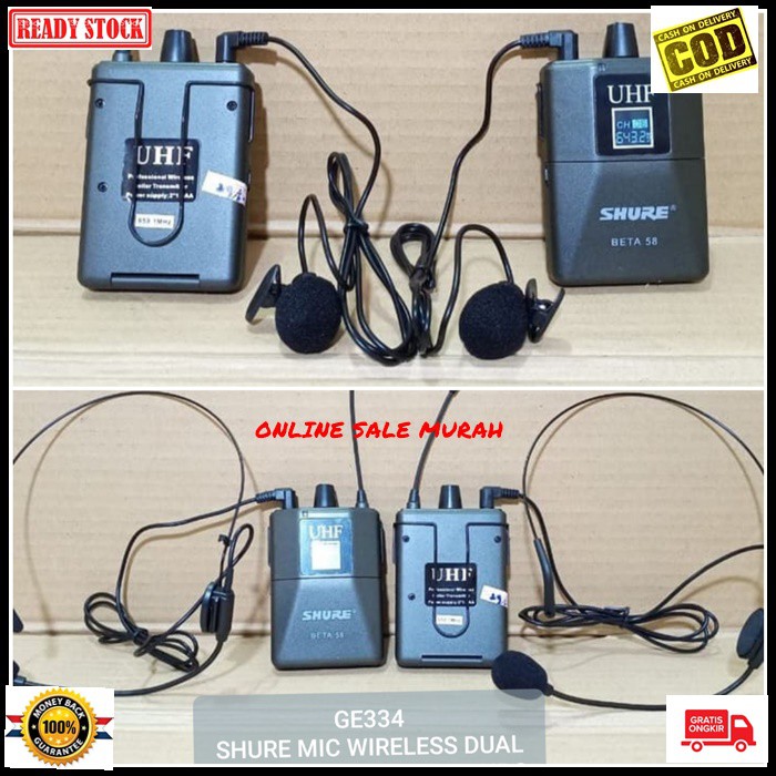 G334 Shure mic wireless sepasang headset bando kuping jepit dual uhf mik wireles klip clip dobel microphone kerah baju tie sepasang profesional pro kancing condesor system sistem vokal vocal panggung dj studio Kancing sensitif aux ceramah pidato acara mee