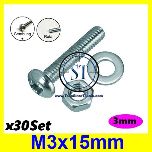 x30 Set Baut Mur Ring M3 x 15mm JP3 M3 3mm Ukuran M3x15 3x15mm 3x15 3x15mm Kepala Cembung Isi 30set