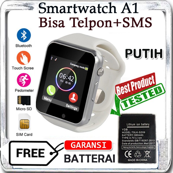 Smartwatch Jam Pintar Smart Watch A1 PUTIH Free Baterai Jam Tangan Smartwatch