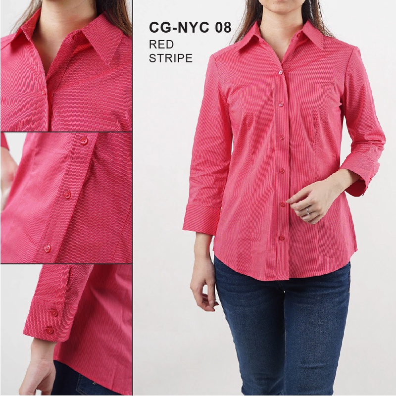 Kemeja Wanita Formal Full Kancing Lengan 7/8 Motif Stripe Katun Twill Stretch-1