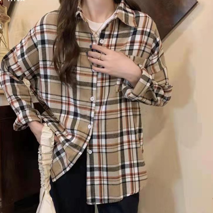 Kemeja Flanel Wanita BB45-70kg Blouse Kotak Kotak Baju Korean Style Wanita Outer Kemeja-8