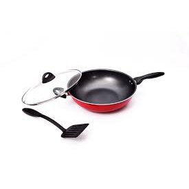 FM - Supra Wajan Stir Wok Glass 32 cm + Tutup Kaca FREE Spatula | Penggorengan anti lengket