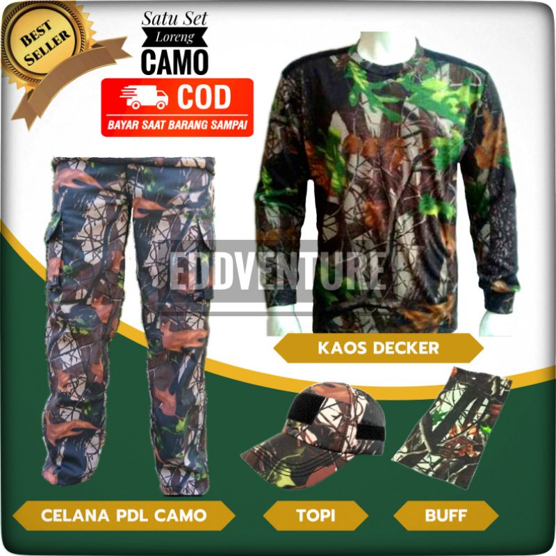 Satu Set Pakaian Celana Baju Kaos Decker Topi Buff Pdl Cargo Loreng Coklat Merah Kuflase Camo Perbakin Berburu Hunting Pria Wanita Camouflage