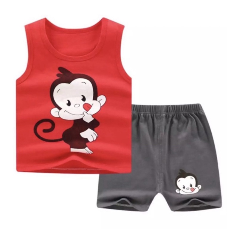 stelan baju anak 1-6 tahun baju anak motif monkey stelan seweter anak baju anak laki laki stelan joger anak laki laki-Lakbong merah