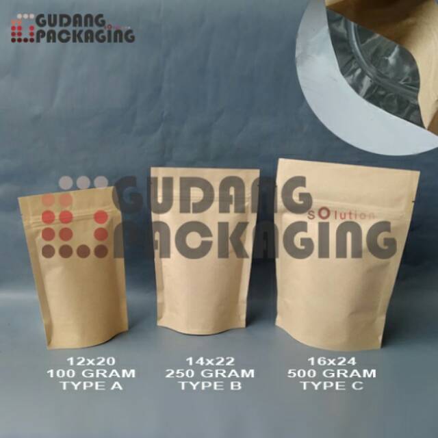 standing pouch kraft alufoil + zipper 14x22 isi 100 pcs