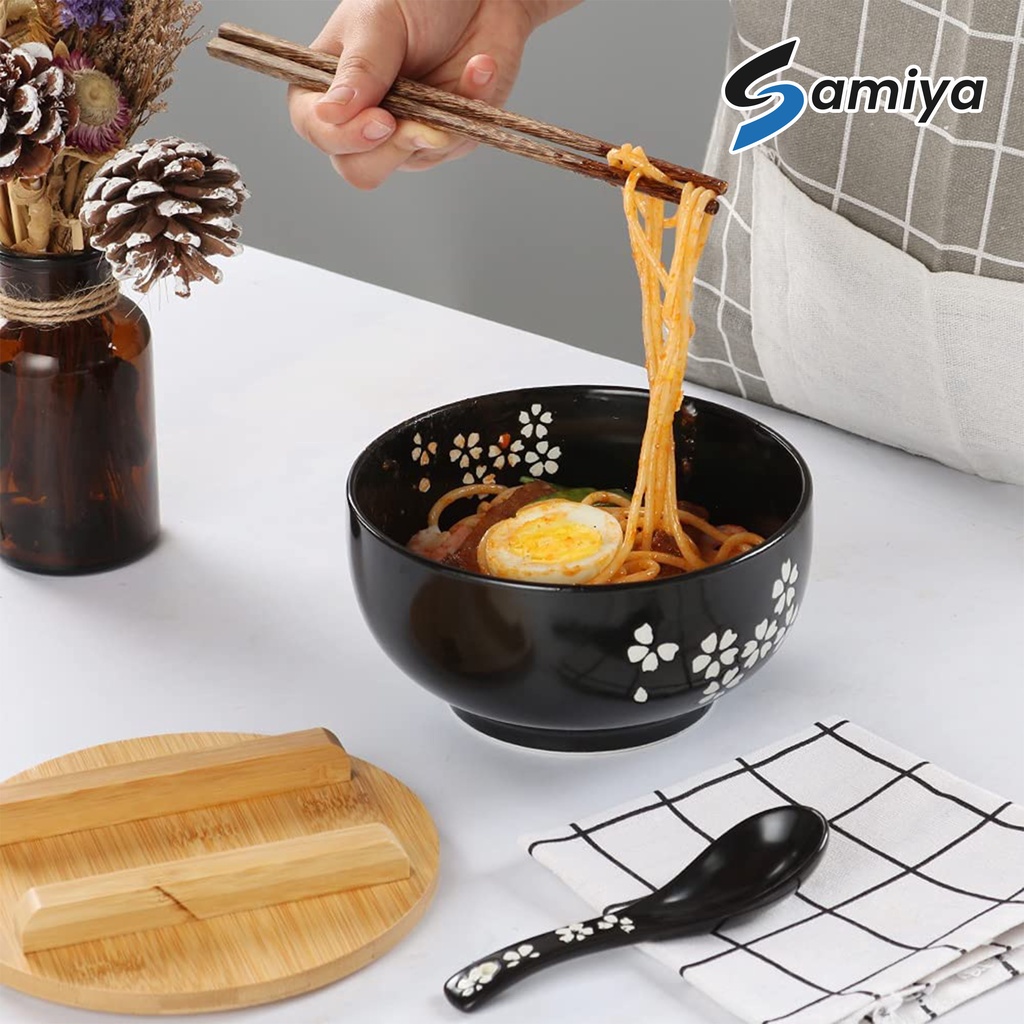 japanese ramen bowl set / mangkok mie  bakmi free sendok sumpit tutup kayu / korean soup bowl noodle